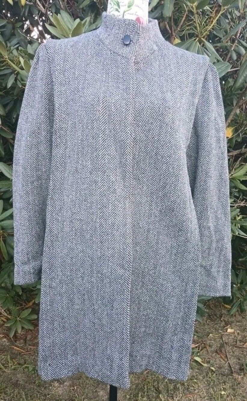 Vintage 80 Central Park Gray Wool Herringbone Long Coat Women 14 Heritage Winter